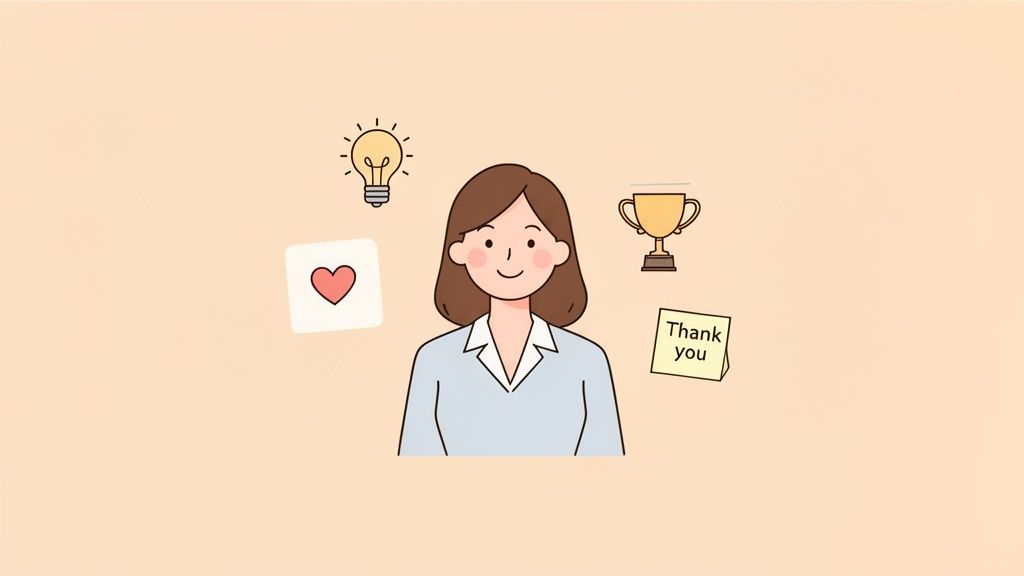 A cartoon illustration of a smiling woman surrounded by a lightbulb, a heart card, a trophy, and a 