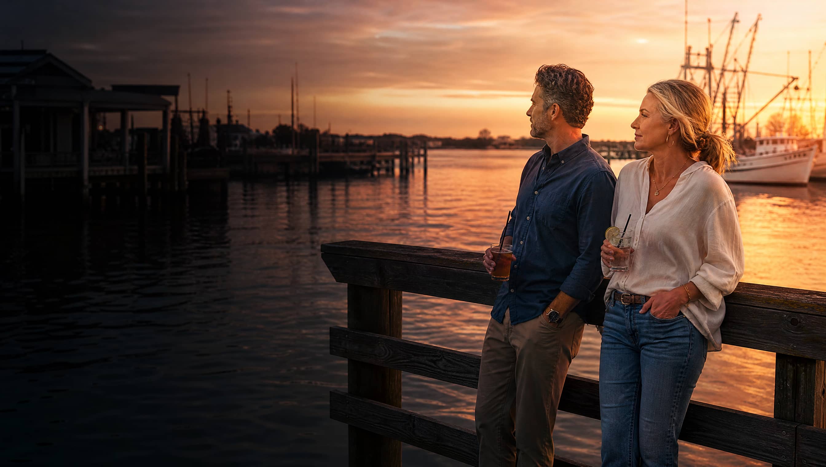 Couple enjoying sunset on a Shem Creek dock in Charleston, SC — the kind of active, present lifestyle peptide therapy patients at Hero Health & Hormone are working to protect