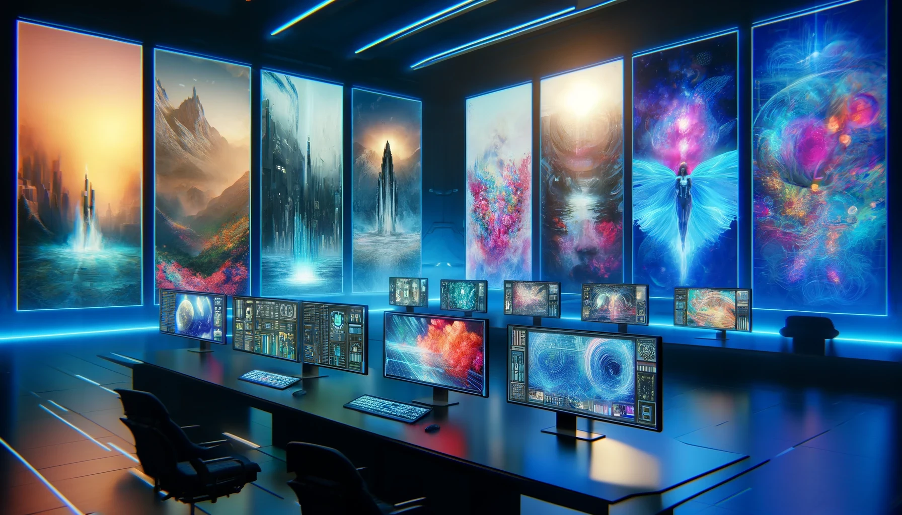 A high-tech digital workspace featuring a diverse array of advanced AI image generators. The scene includes four large monitors each displaying different style.