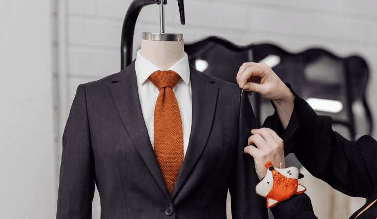 Custom suit fitting in Auckland for Isadoranim, featuring a tailored grey blazer, crisp white shirt, and textured orange tie being adjusted by a stylist for a perfect fit.