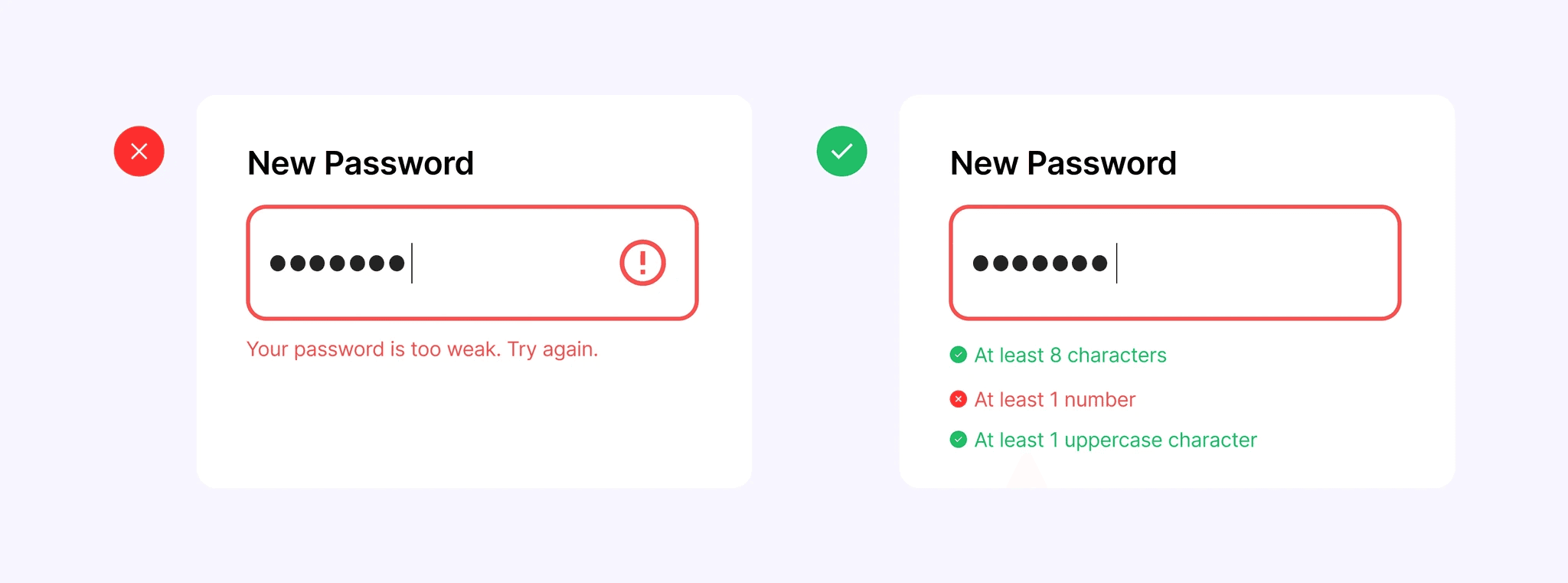 Formulario de contraseña: error vago de “demasiado débil” vs. lista de verificación en línea que muestra qué requisitos de contraseña se cumplen