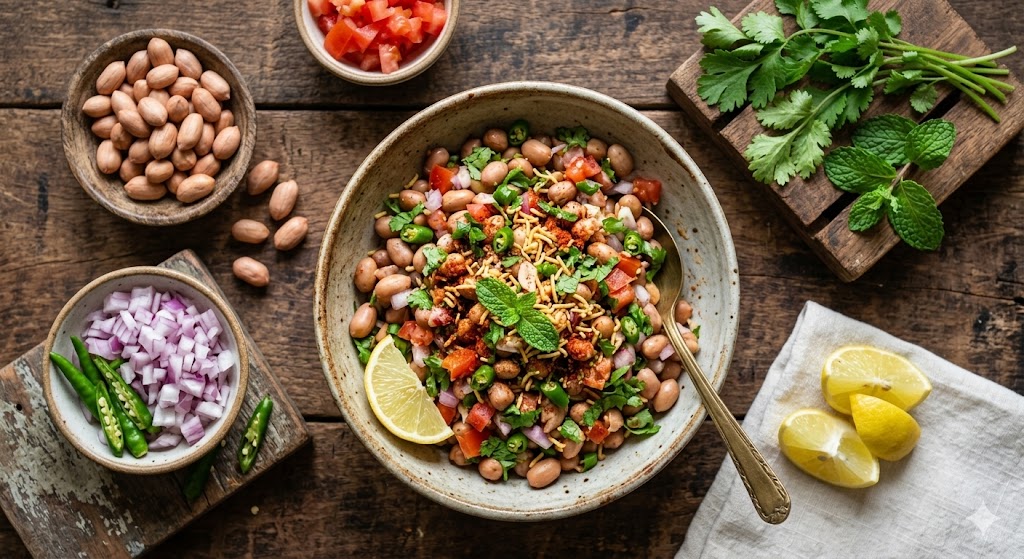 Top-down view of a bowl of Indian peanut chaat, garnished with fresh onions, tomatoes, coriander, green chilies, and crispy sev, served on a rustic wooden table.