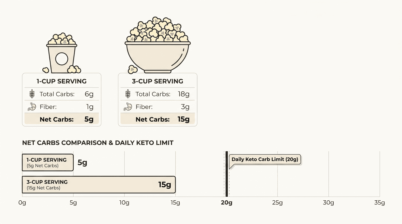 Infographic comparing net carbs in 1 cup vs 3 cups of popcorn against keto limit