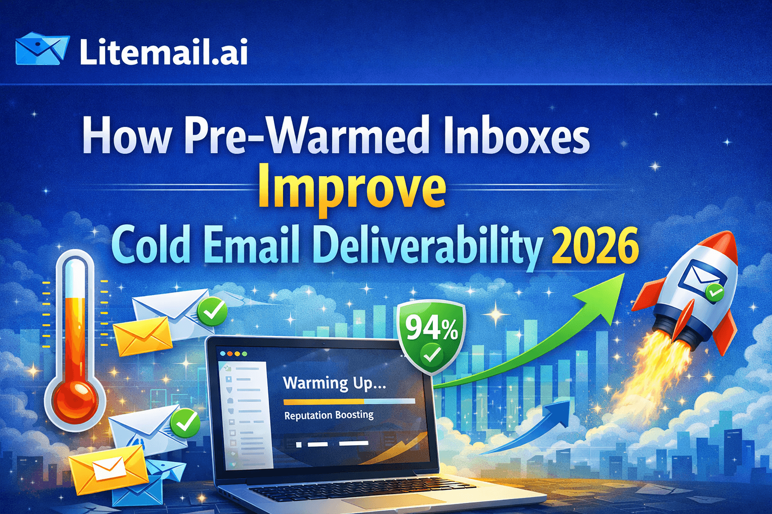 how pre-warmed inboxes improve cold email deliverability in 2026, featuring a laptop warming up email reputation, rising graph, envelopes with checkmarks, and a rocket symbolizing improved performance.