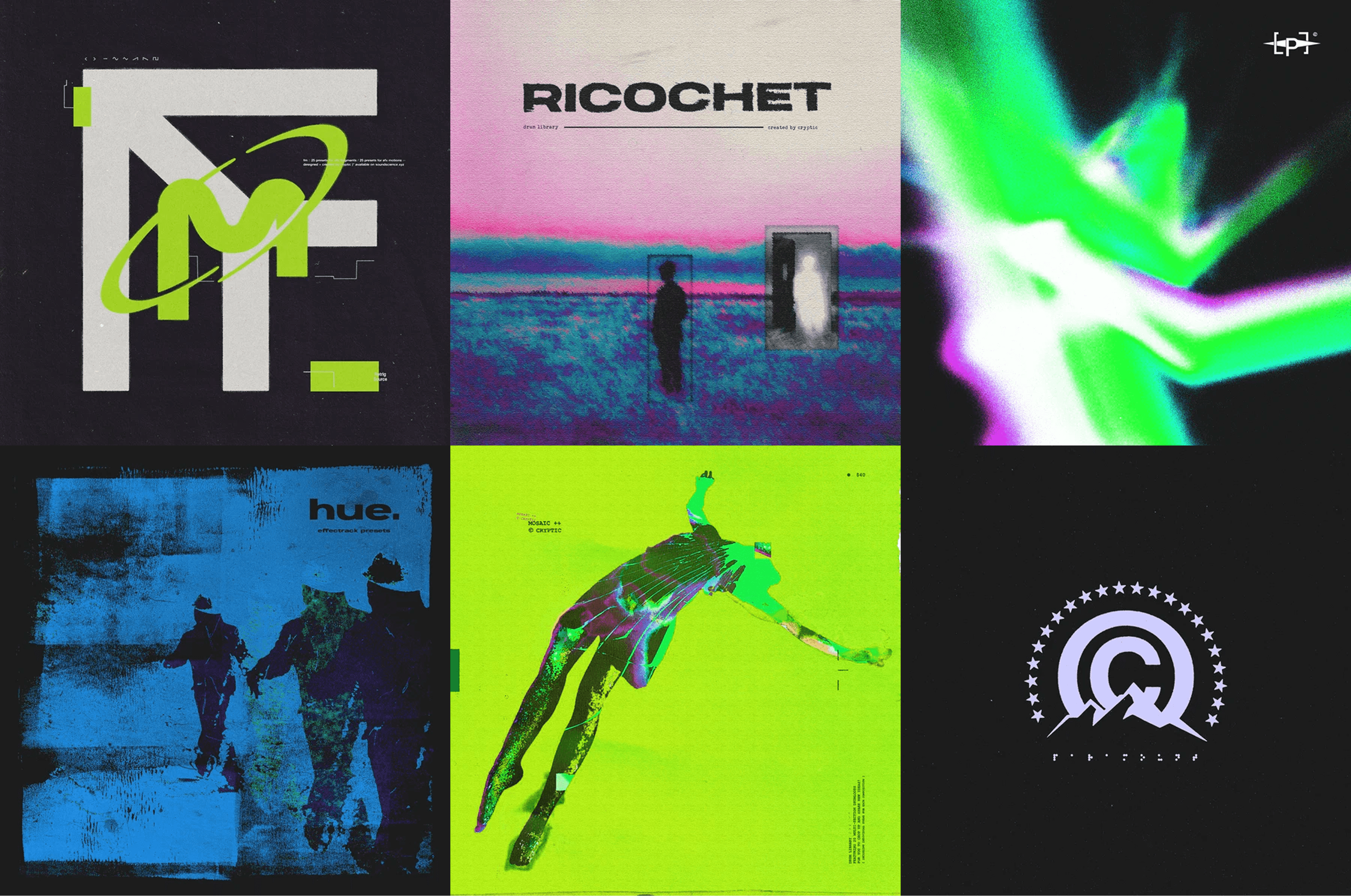 A grid of sample pack and preset covers designed by Cryptic, including Ricochet, hue. and Mosaic