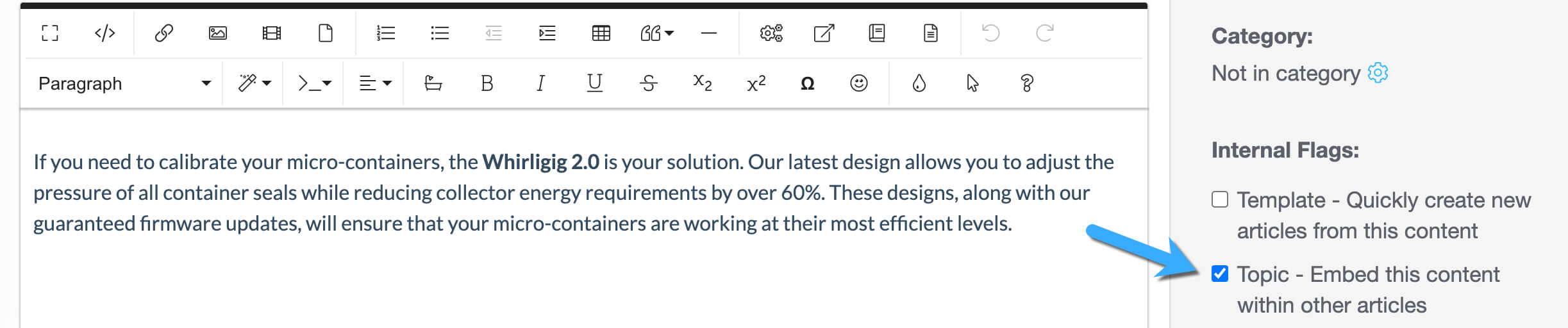 Screenshot of KnowledgeOwl with arrow pointing to the "Topic - Embed this content within other articles" checkbox.