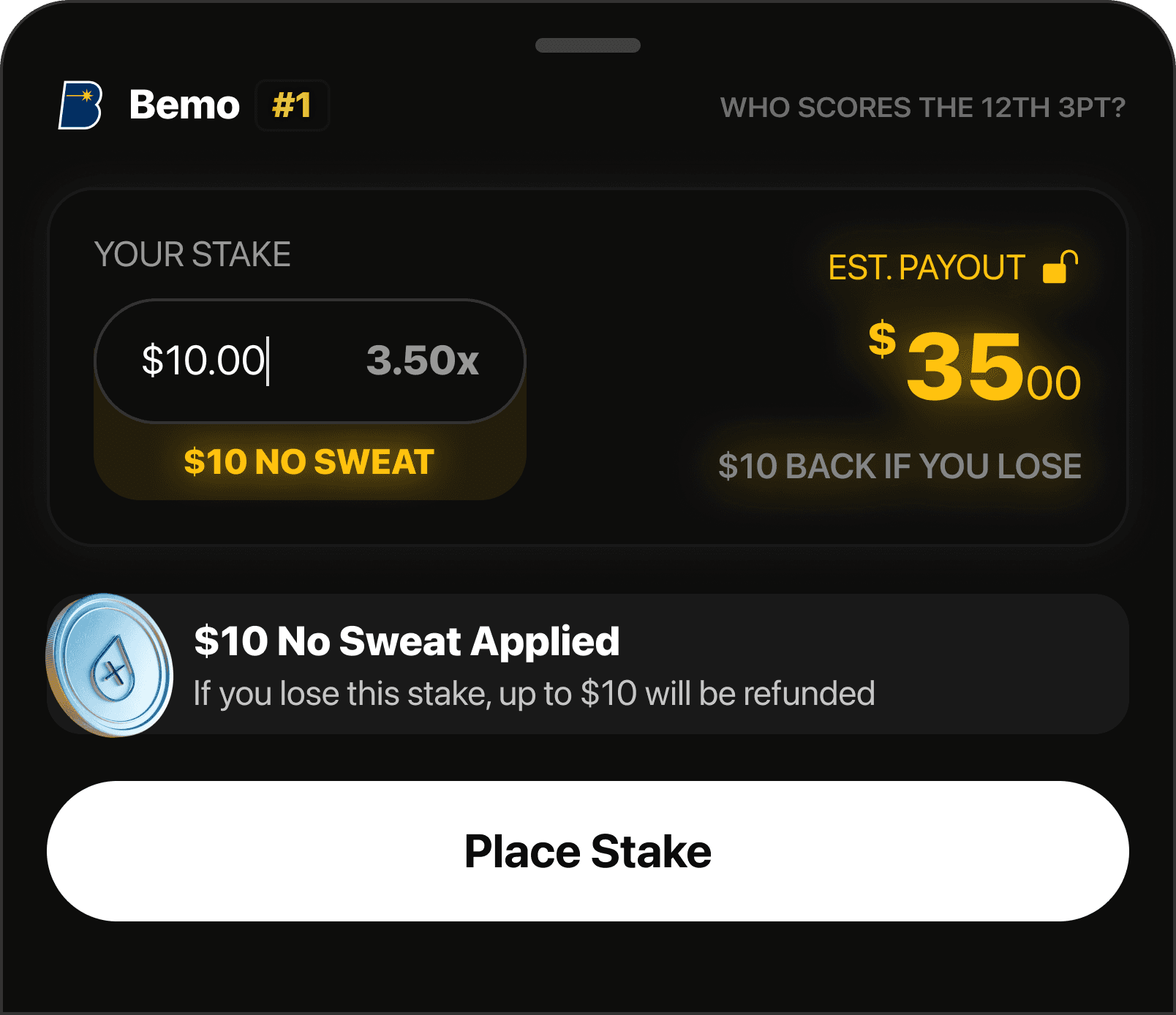1v1Me No Sweat First Stake promo showing $10 refund bonus on first stake with estimated payout preview in NBA 2K live match