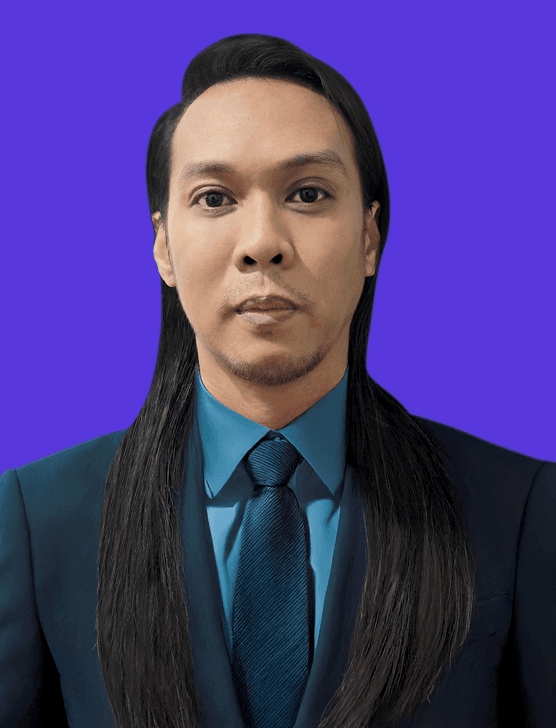 a man with a ponytail in a black suit