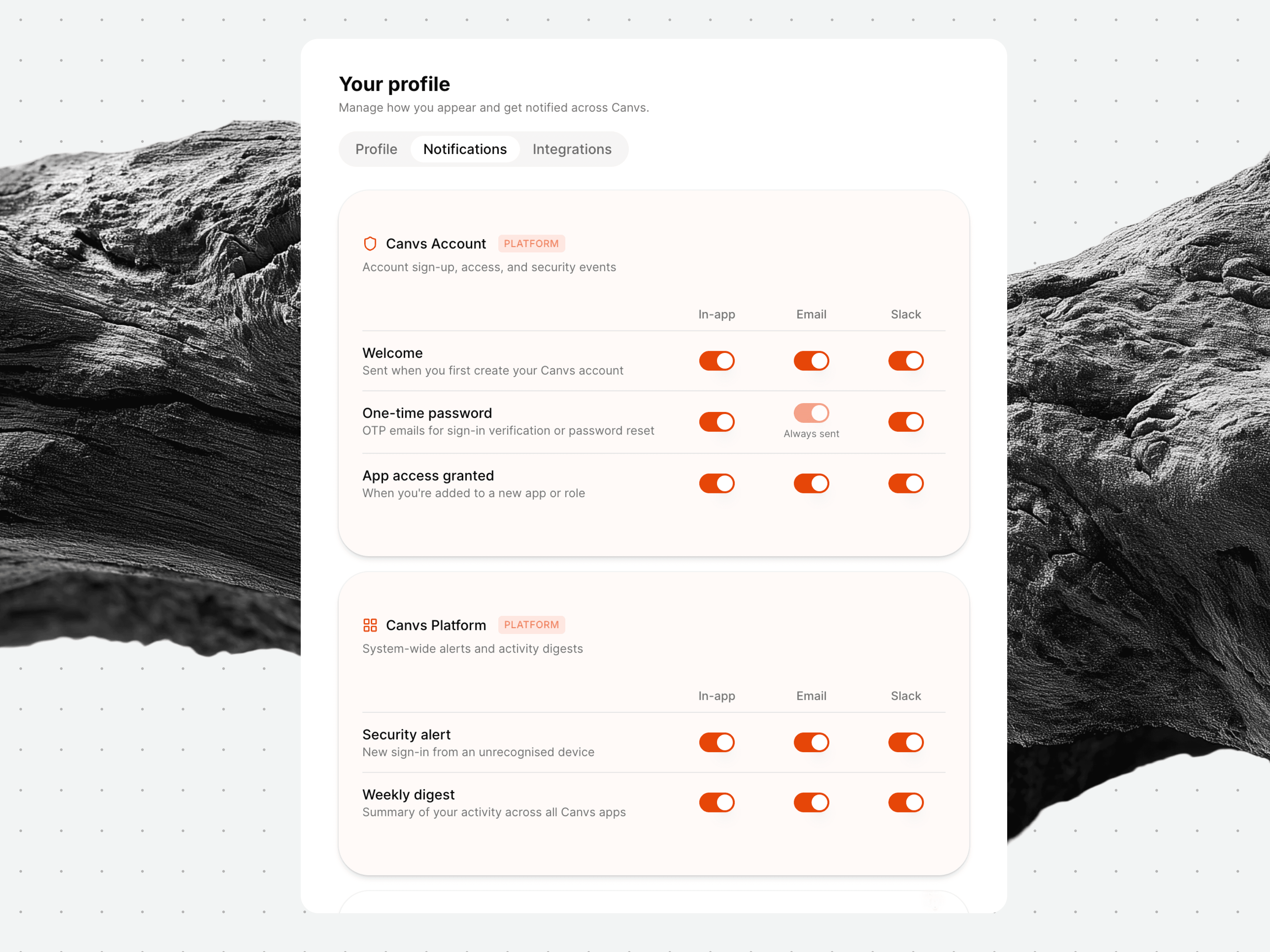 Account events, sign-up, one-time passwords, new app access and security alerts, route to in-app, email or Slack from a single notifications tab.