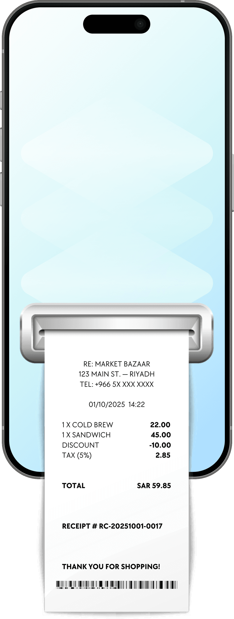 an illustration of a mobile having an e-receipt on its screen