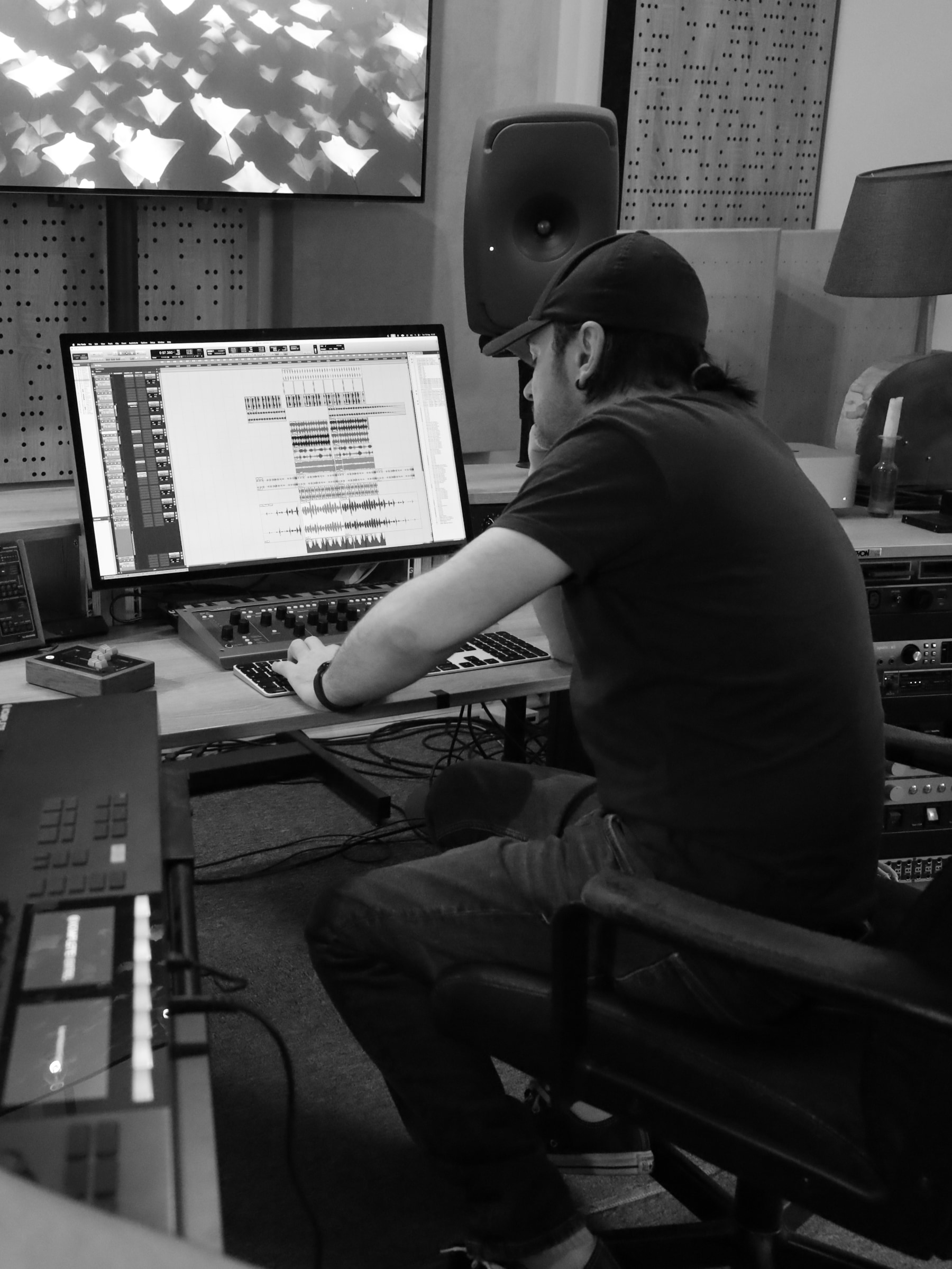 Adrian Klein working in a dimly lit studio at a mixing desk, focused on sound editing software.