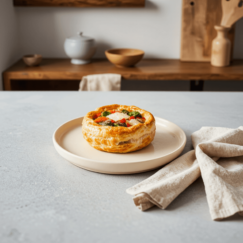 product photography of a baked pastry with cheese and vegetables on top