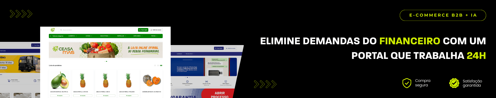 Banner horizontal com fundo escuro, ícones de segurança e satisfação, e imagens de lojas B2B exibidas à esquerda. Elementos gráficos em verde destacam o tema de e-commerce B2B com IA.