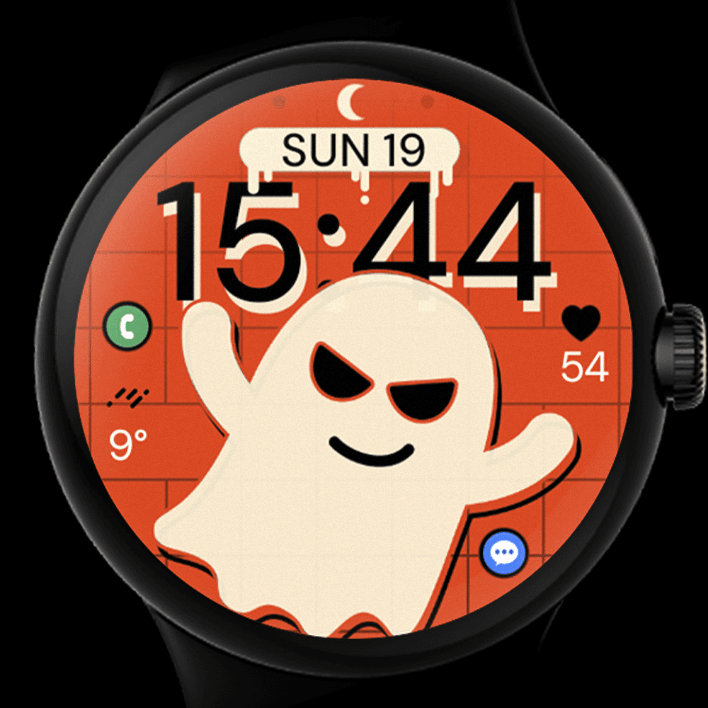 Pixel Watch displaying a digital halloween watch face