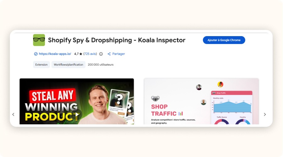 Chrome extension page for Koala Inspector Shopify spy tool
