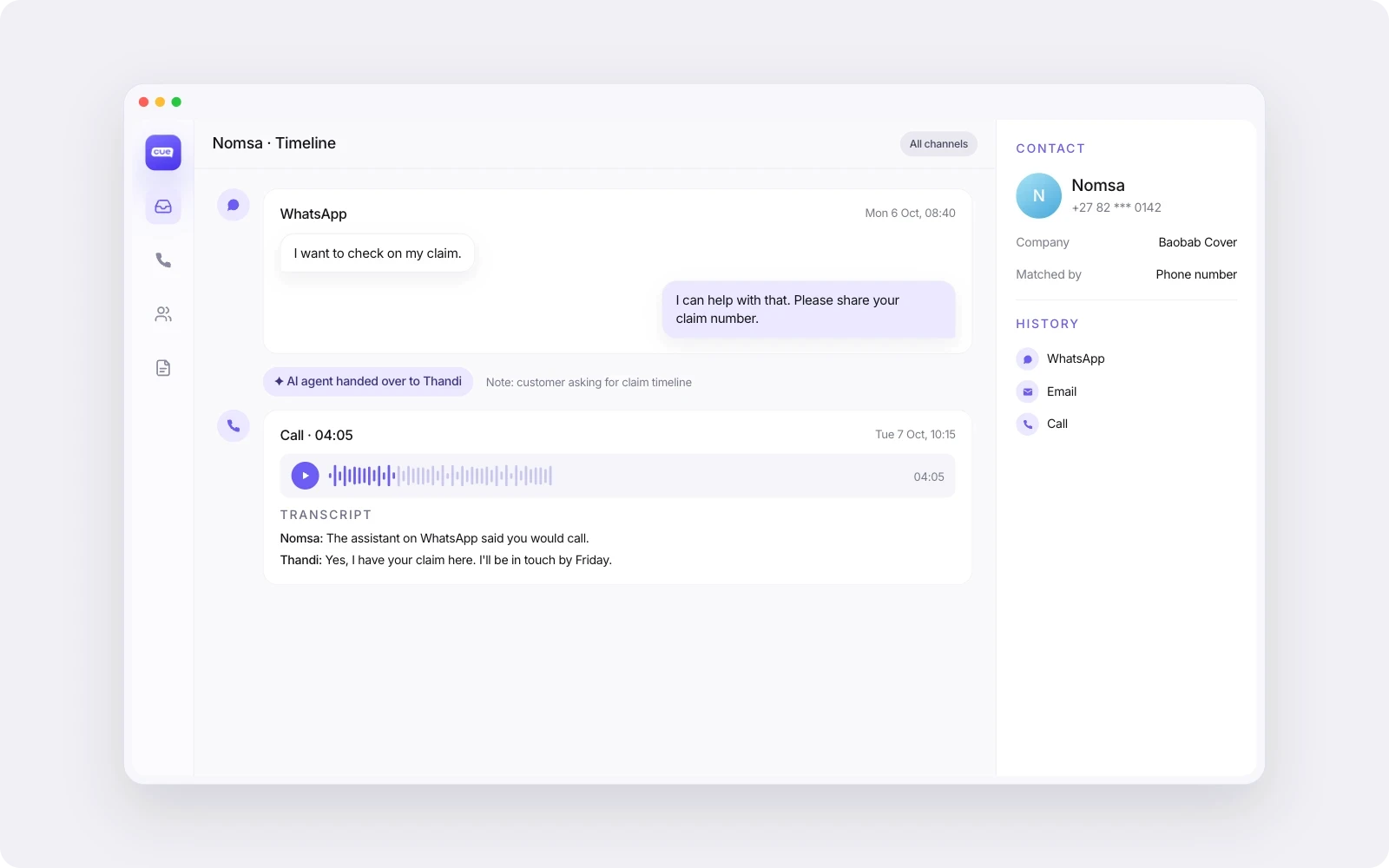 A customer's contact record in Cue showing a WhatsApp conversation handed from an AI agent to a person, followed by a recorded call.