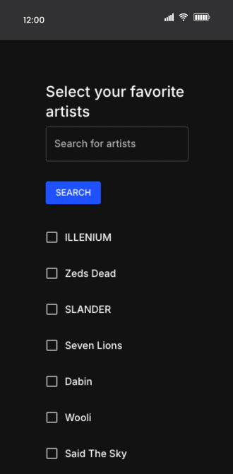Mockup of BassPass app displaying interactive survey for gathering user preferences and interests