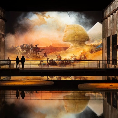 Two people stand on a platform, viewing a large wall projection of an ancient battle with the Sphinx and pyramids, reflected in water.