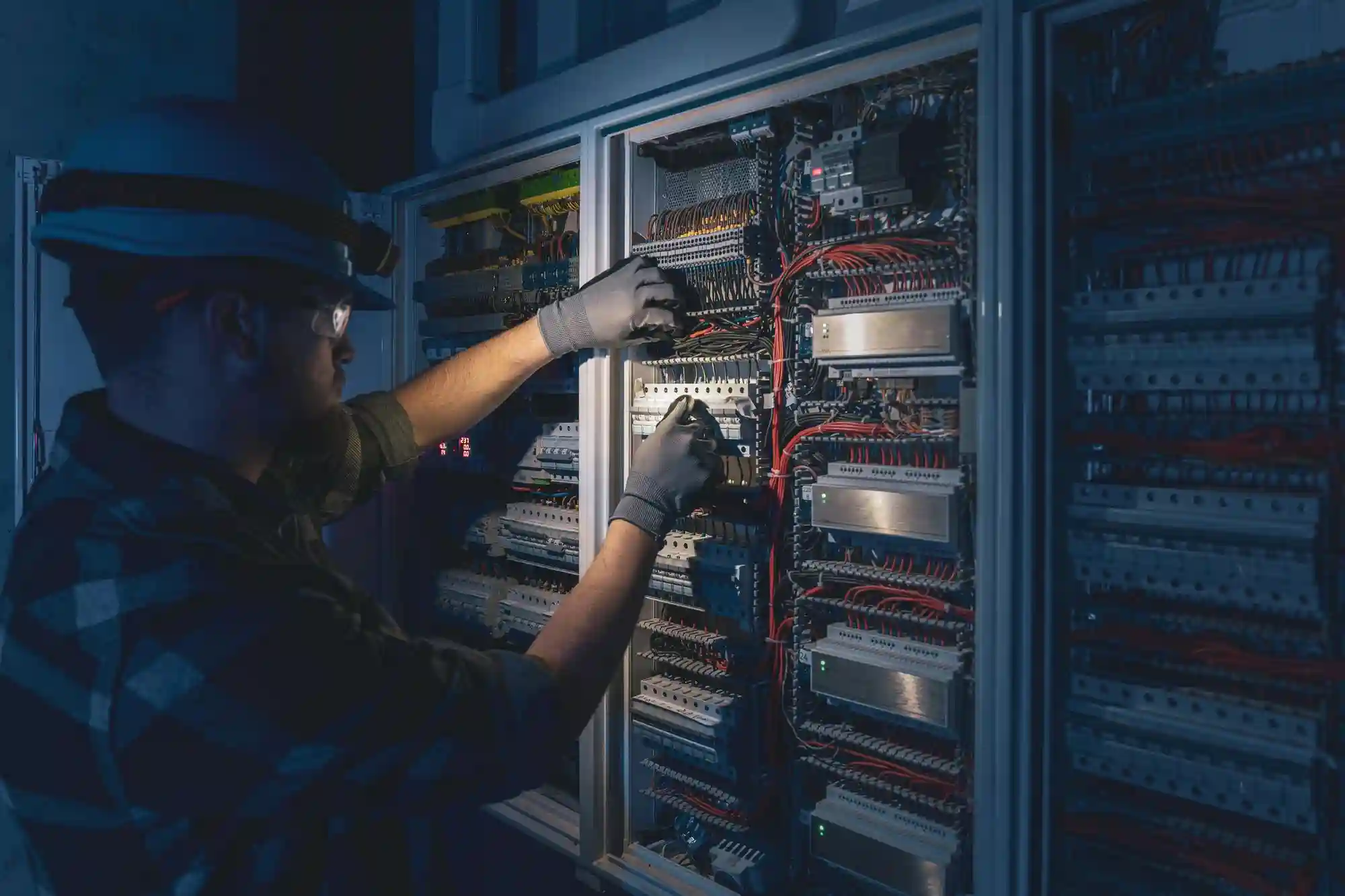 An electrical technician wearing a hard hat and gloves performs maintenance on a complex industrial control panel.