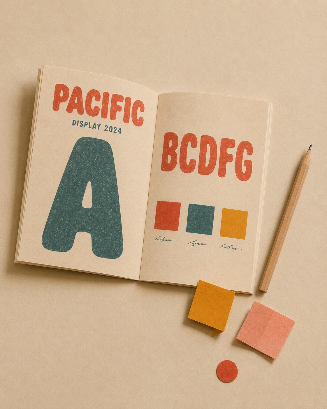 Open notebook on a beige surface displays "PACIFIC DISPLAY 2024" with large letter "A" in blue. Adjacent page shows "BCDFG" in red, color swatches, and a pencil.