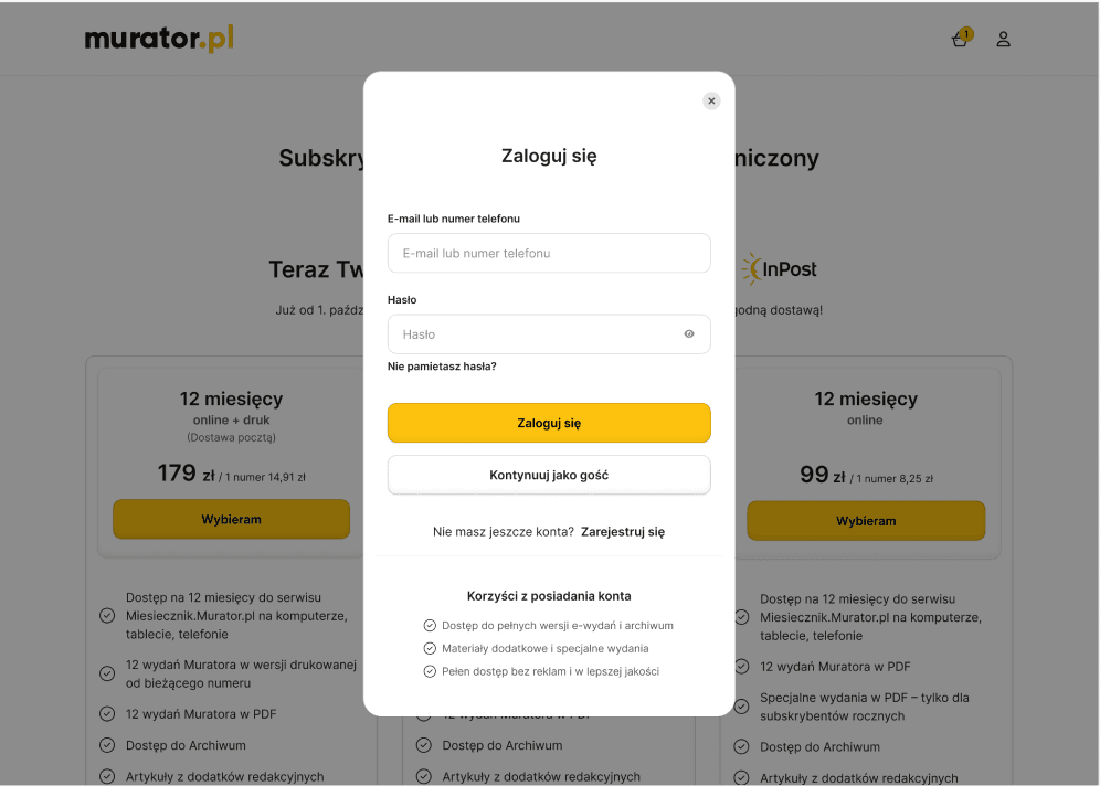Desktop Log in modal for Murator.pl, featuring email and password input fields with a "Continue as Guest" option and a list of account benefits.