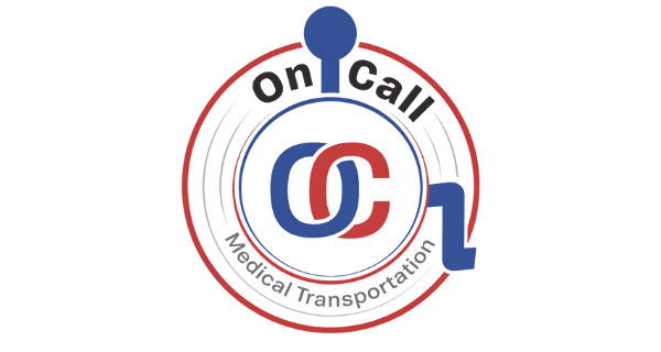 On Call Medical Transportation logo, circular red and blue emblem with OC letters, medical stethoscope motif, Fresno California non emergency medical transportation provider