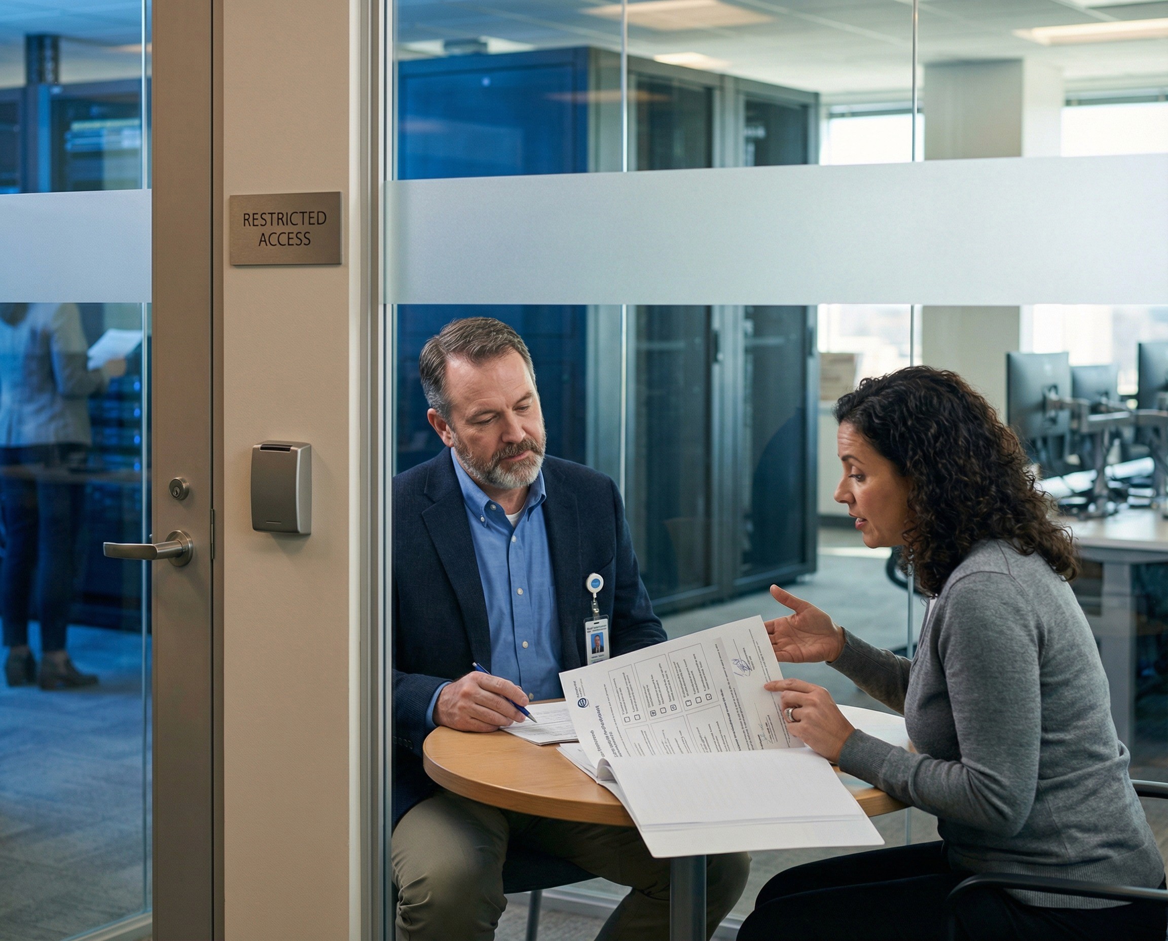 A quiet, composed shot of a chief information security officer in his early 50s and a data protection officer in her mid-40s sitting in a secure, glass-walled office within a corporate IT floor. The office is subtly distinct from a normal meeting room: a card-access reader is visible on the door frame, the glass has a frosted privacy band at eye level, and a small "Restricted Access" sign is mounted beside the door — understated, not alarming. Inside, the two are sitting at a small round table reviewing a printed security assessment — a structured document with compliance framework checkboxes, certification references, and a sign-off block — visible in layout but not legible. The CISO has a pen resting on the document. The DPO is asking a question, one hand gesturing toward a specific section. Through the frosted glass band, the IT floor beyond is faintly visible — server racks in a glassed-in room, workstations, the quiet infrastructure of an enterprise technology environment.