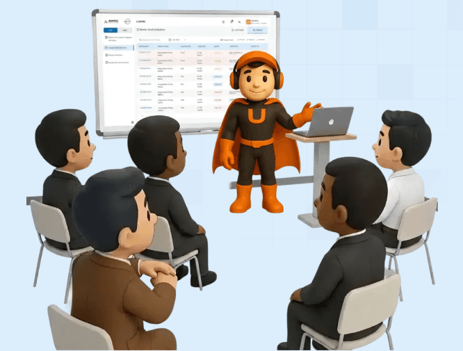 Upslide Mascot discussing problem with team
