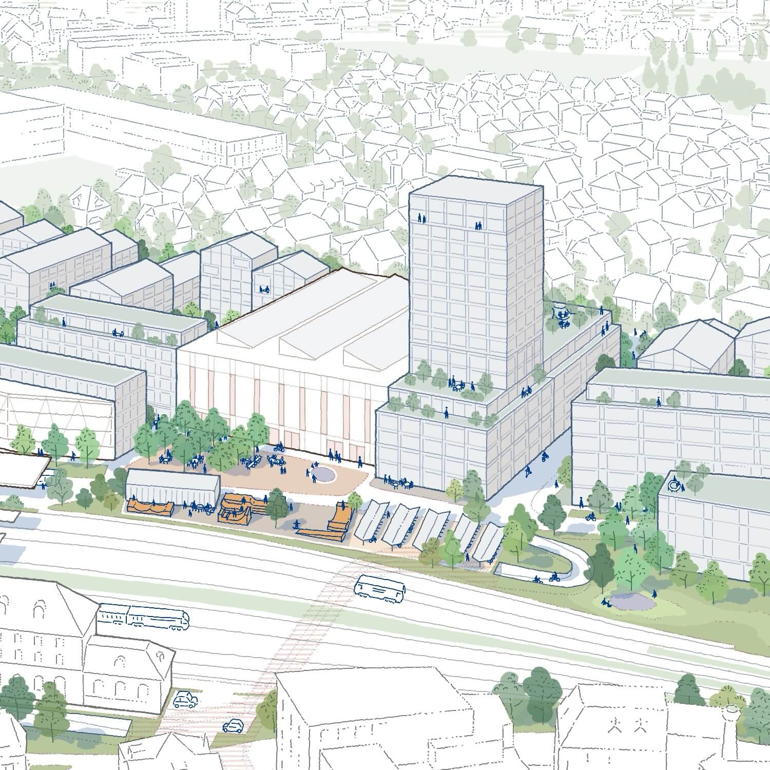 Aerial view sketch of a city layout featuring buildings, green spaces, and surrounding infrastructure.