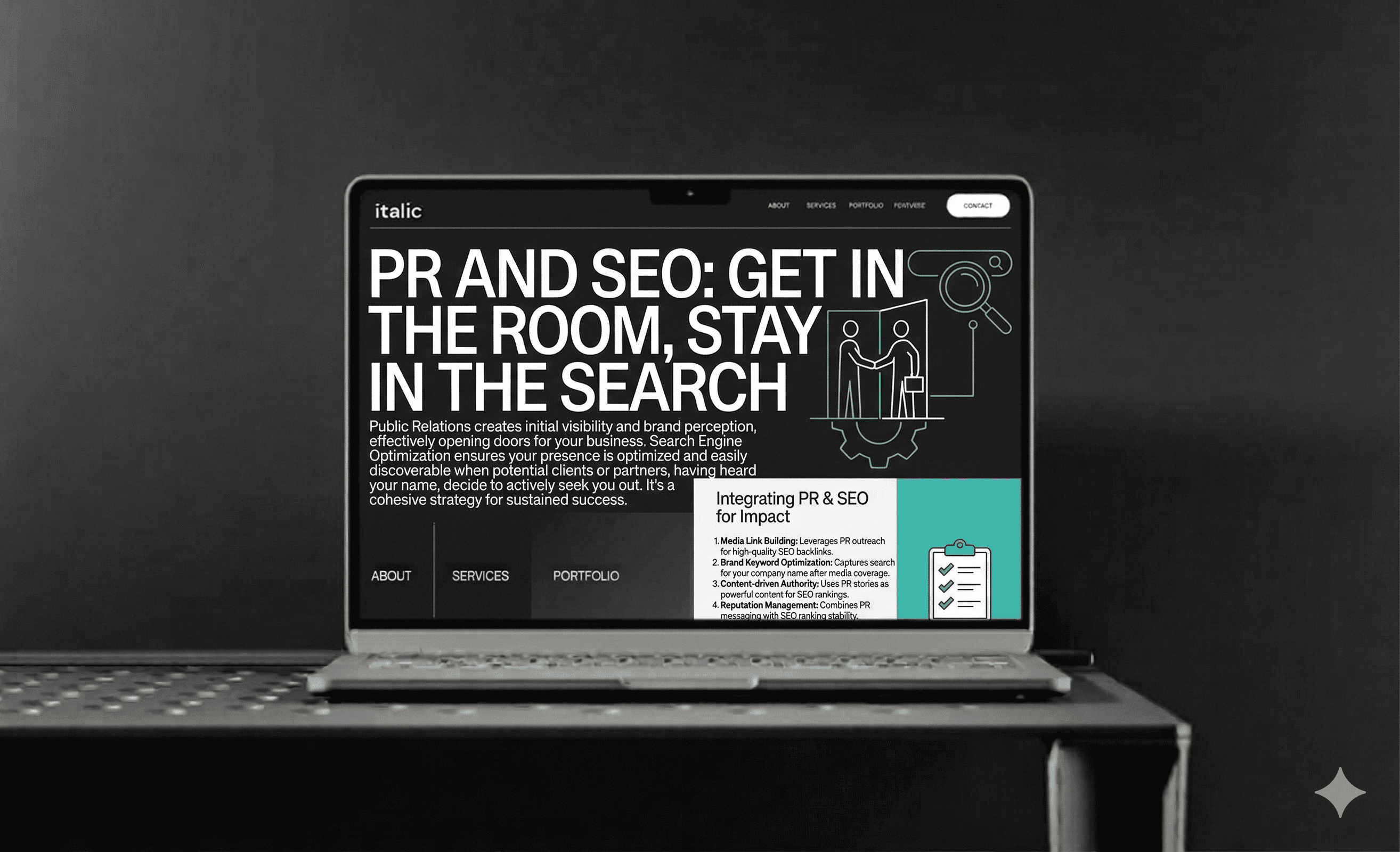 Laptop on the table with the text "PR and SEO: Get in the room and say in the search" on screen
