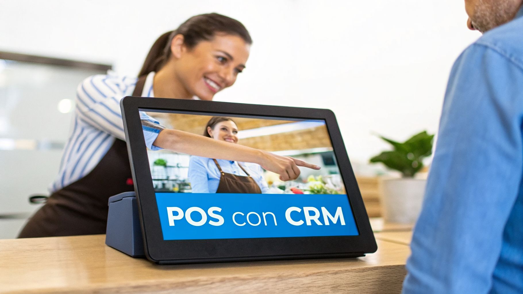 Una vendedora sonriente en un mostrador con un sistema POS mostrando 'POS con CRM' a un cliente.