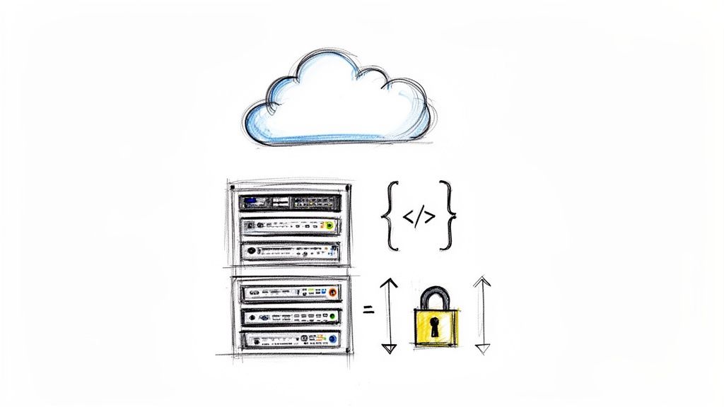 Hand-drawn illustration of cloud infrastructure, server racks, code, and a padlock for data security.