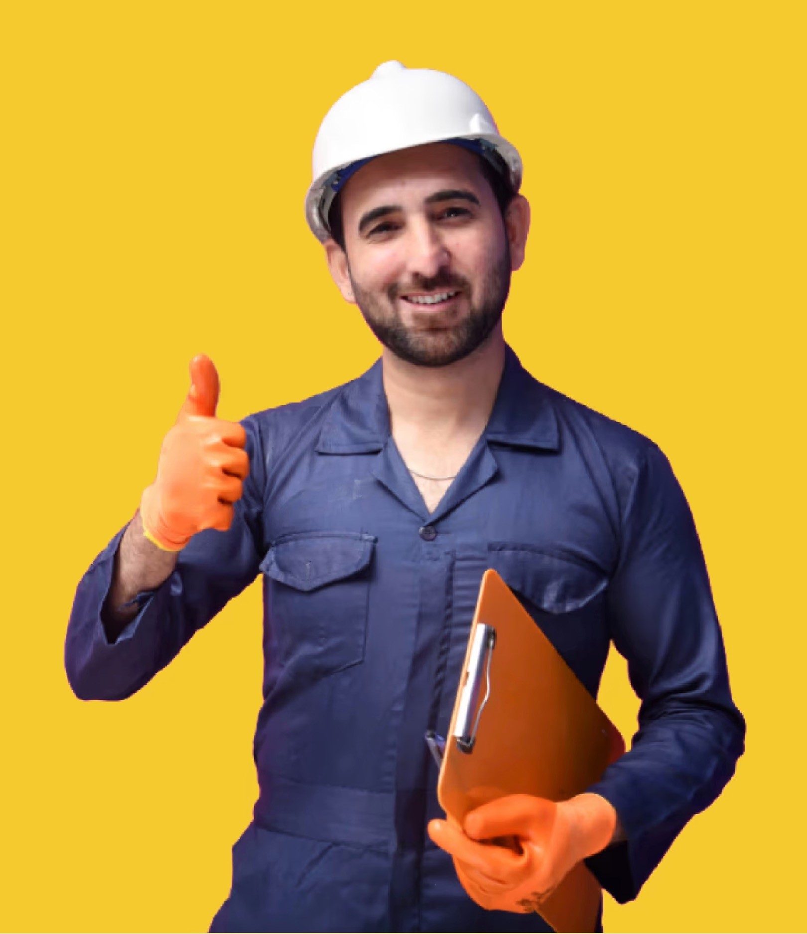 man in brown and white plaid dress shirt and yellow hard hat holding black and orange