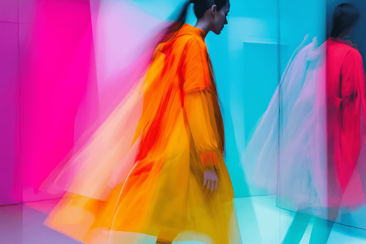 Performer in a vibrant multicolored dress, arms raised in a joyful pose.