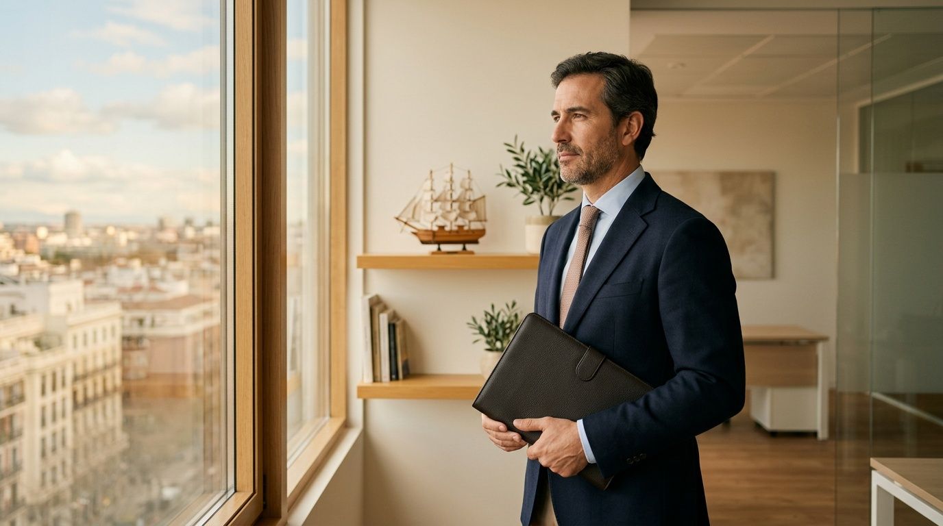 Hombre de negocios en traje mirando por la ventana de una oficina con vista a la ciudad, sosteniendo una carpeta.