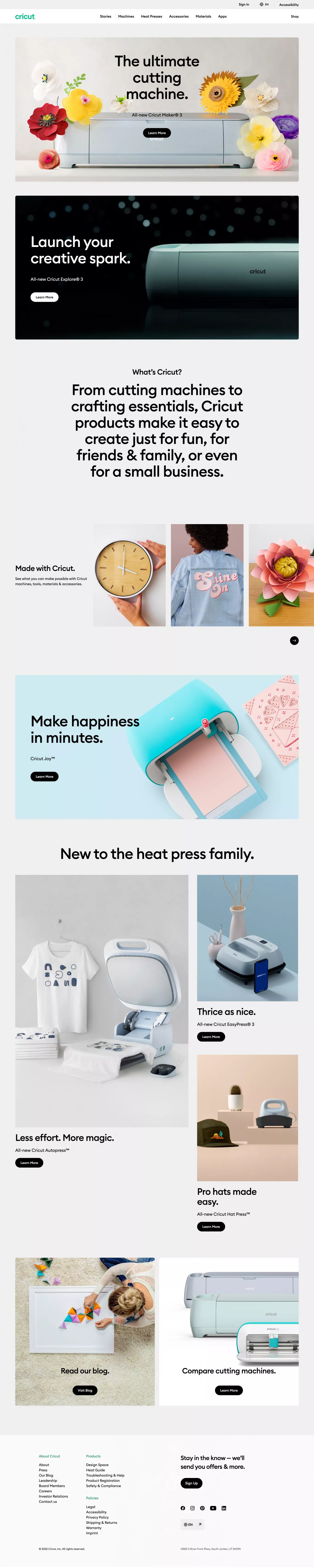 Cricut Home landing page screenshot showcasing Design and Tech design