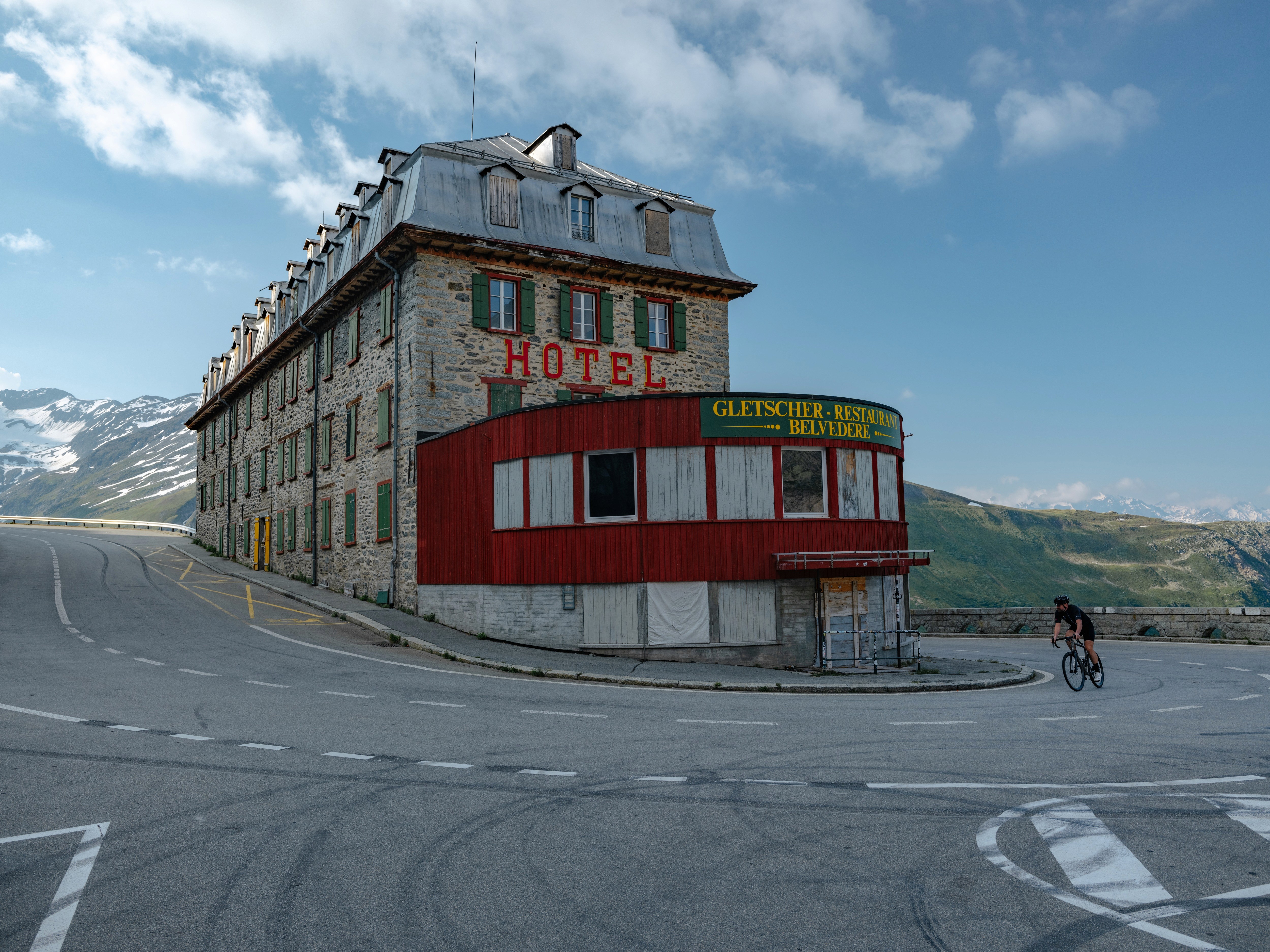 Sweeping view of the Hotel Belvedere on the Furka Pass in the Swiss Alps