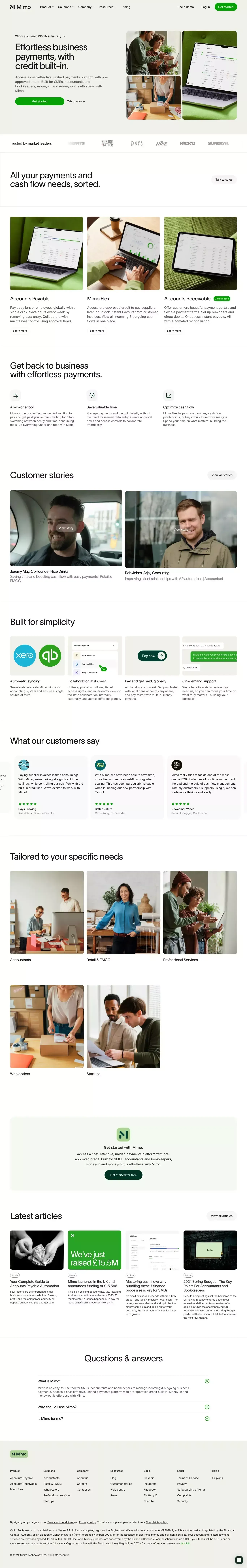 Mimo - Effortless business payments, wit landing page screenshot showcasing Tech and Finance design