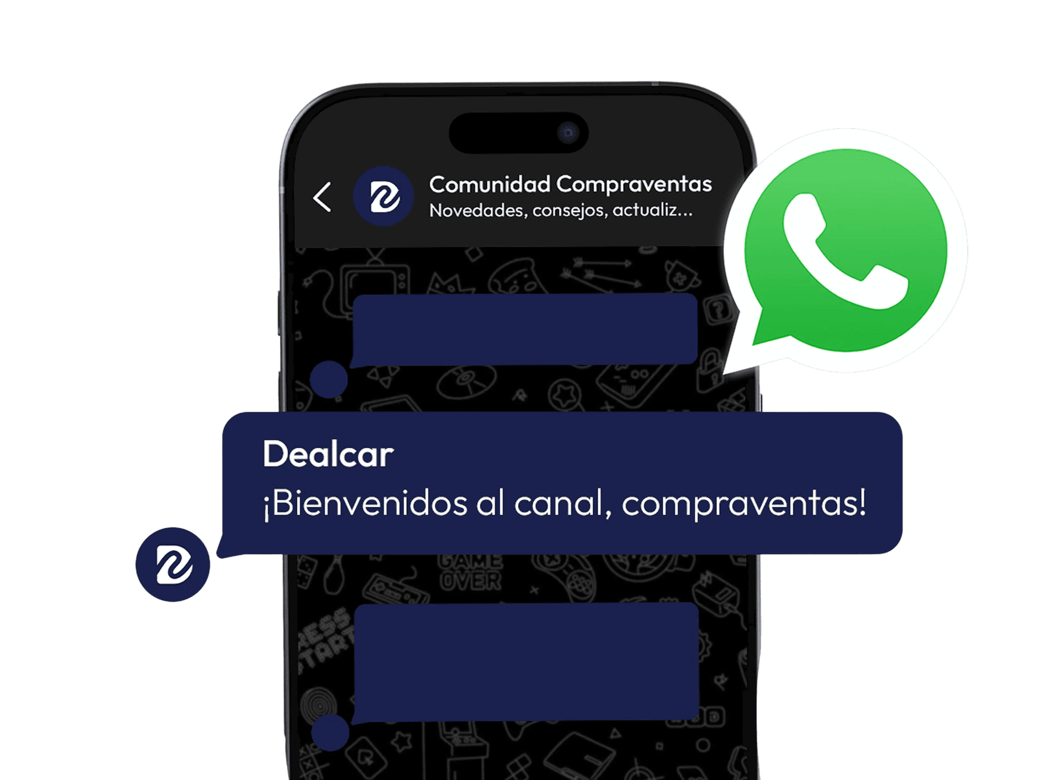 Chat WhatsApp con messaggio di Dealcar, che dà il benvenuto agli utenti nel canale.