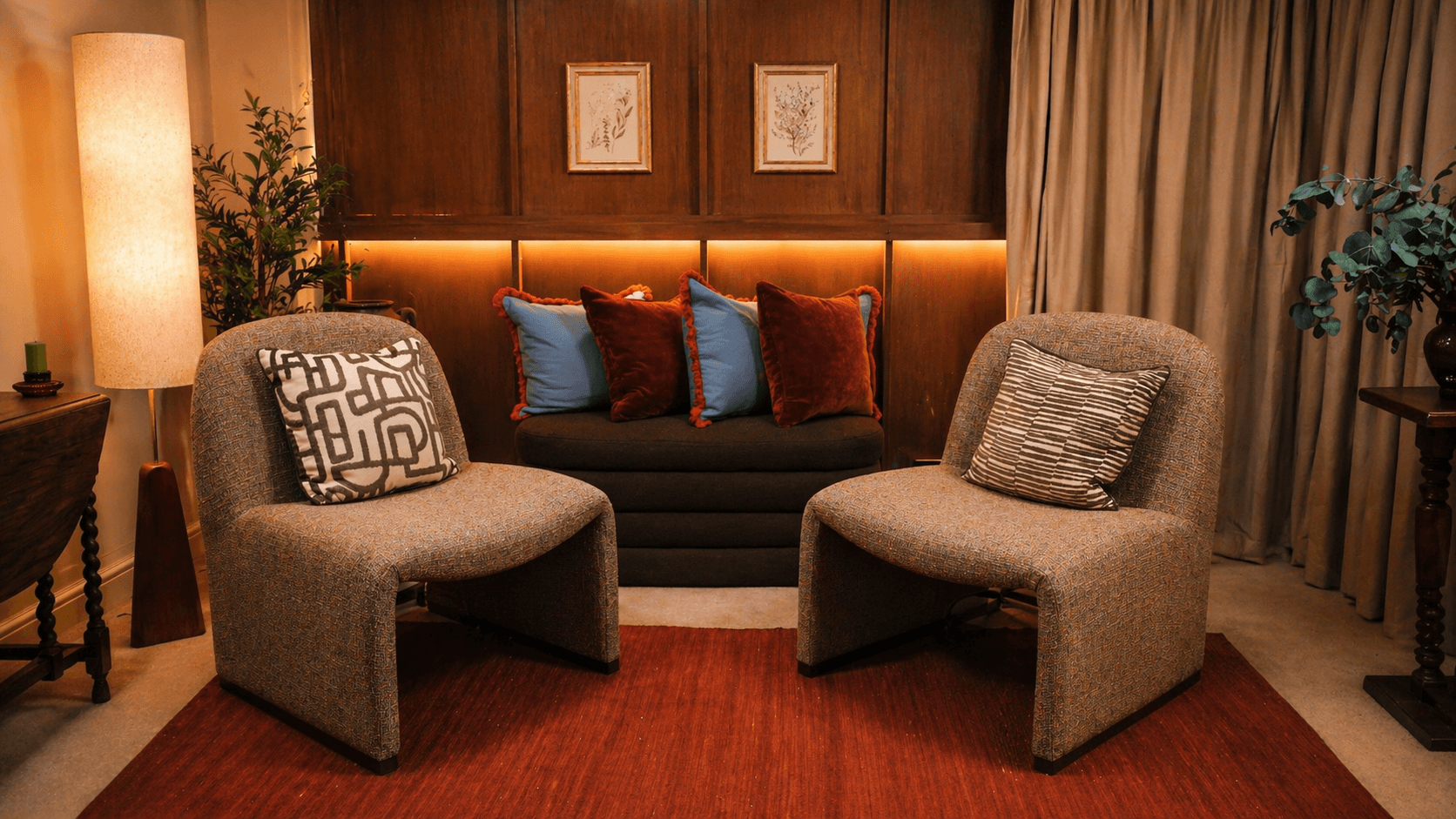 Beige interior with natural stone walls, sunlight, and geometric shadows over a calm water pool.
