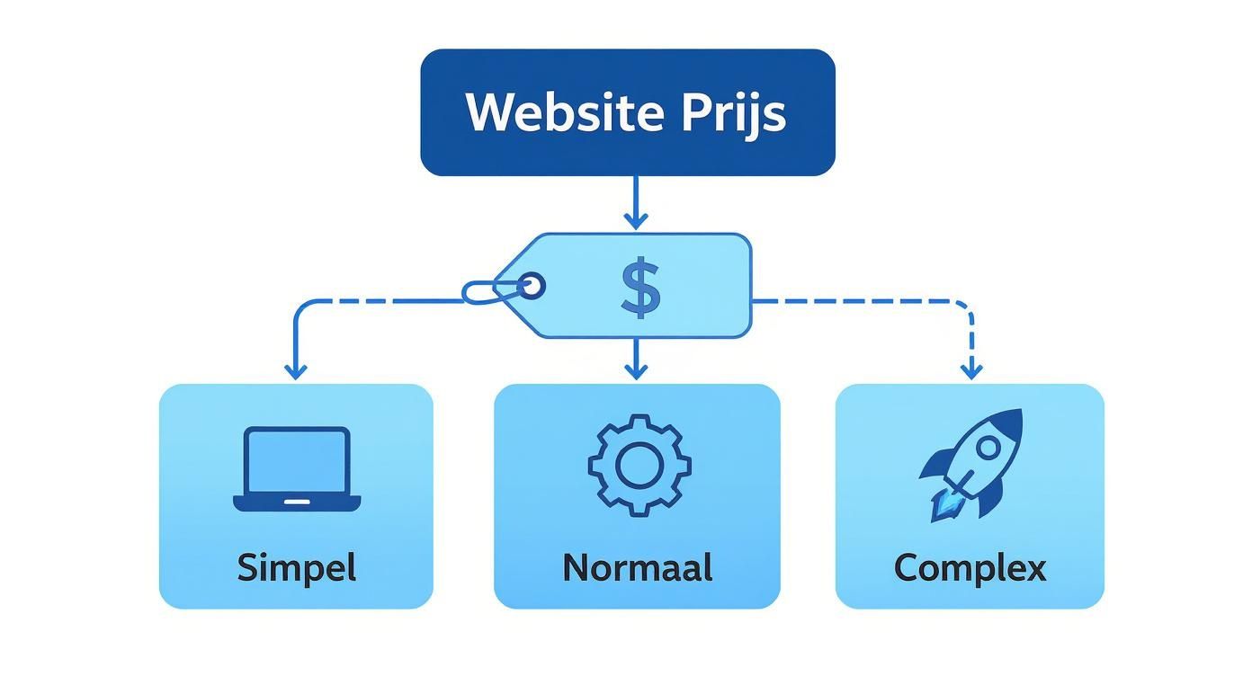 Infographic over website prijzen, met opties voor simpel, normaal en complex gebaseerd op functionaliteit.