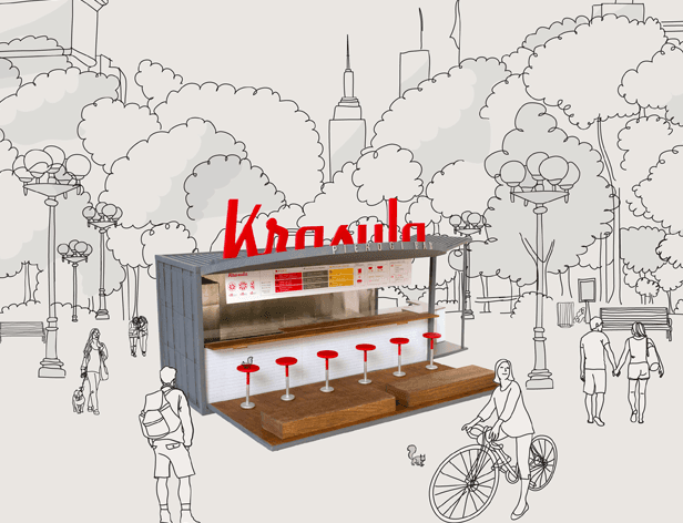 A gray and white model of the Krasula Pierogi Bar, featuring red lettering spelling "Krasula" above the counter, with a menu board displaying food and drink items, and six red bar stools arranged along the counter against a white background.