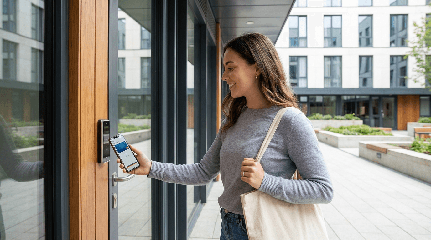 Woman holding smartphone near electronic access panel on wooden entrance door, modern apartment courtyard with glass façades and landscaped walkway in background.
