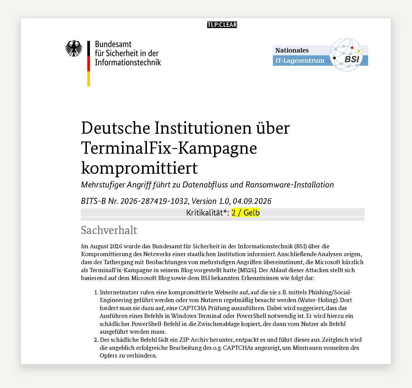 BSI-Sicherheitsinformation zur TerminalFix-Kampagne vom 4. September 2026, Kritikalität 2 Gelb