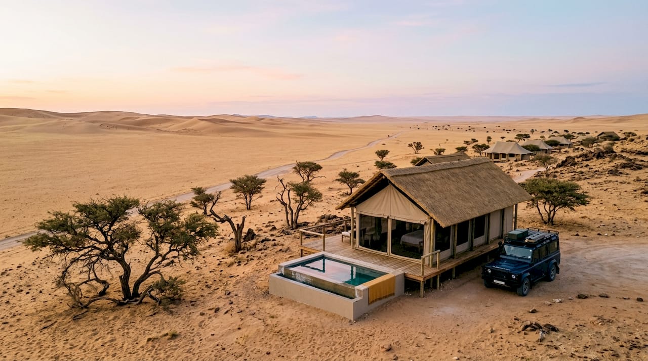 Safari vehicle near acacia trees in desert dusk