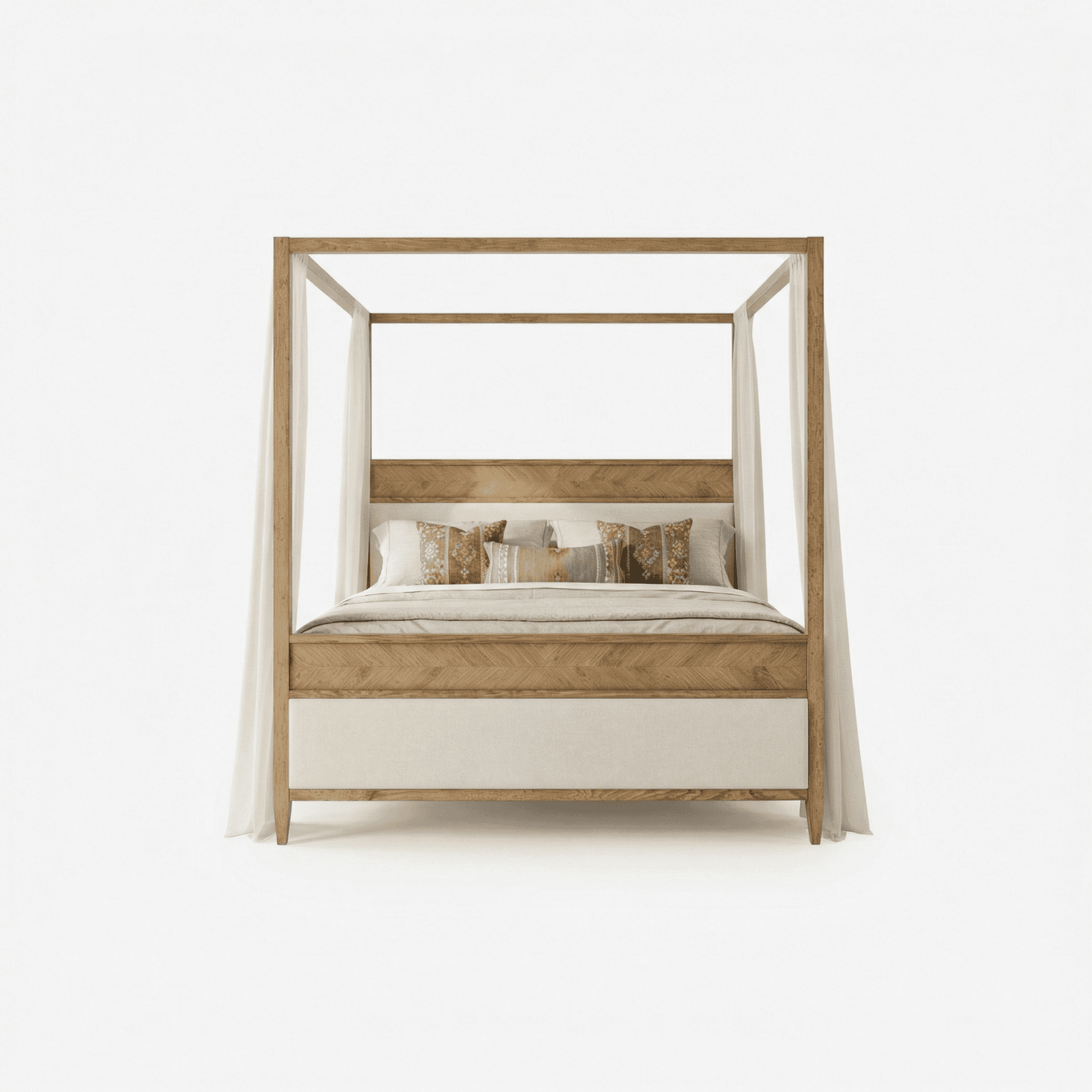 Canopy bed featuring a box frame structure and open post design