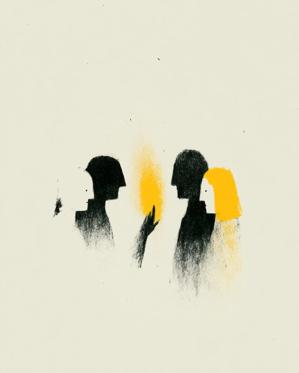 Illustration von Menschen, die sich versammeln. Gelbes Licht zwischen den Köpfen. Gespräche.