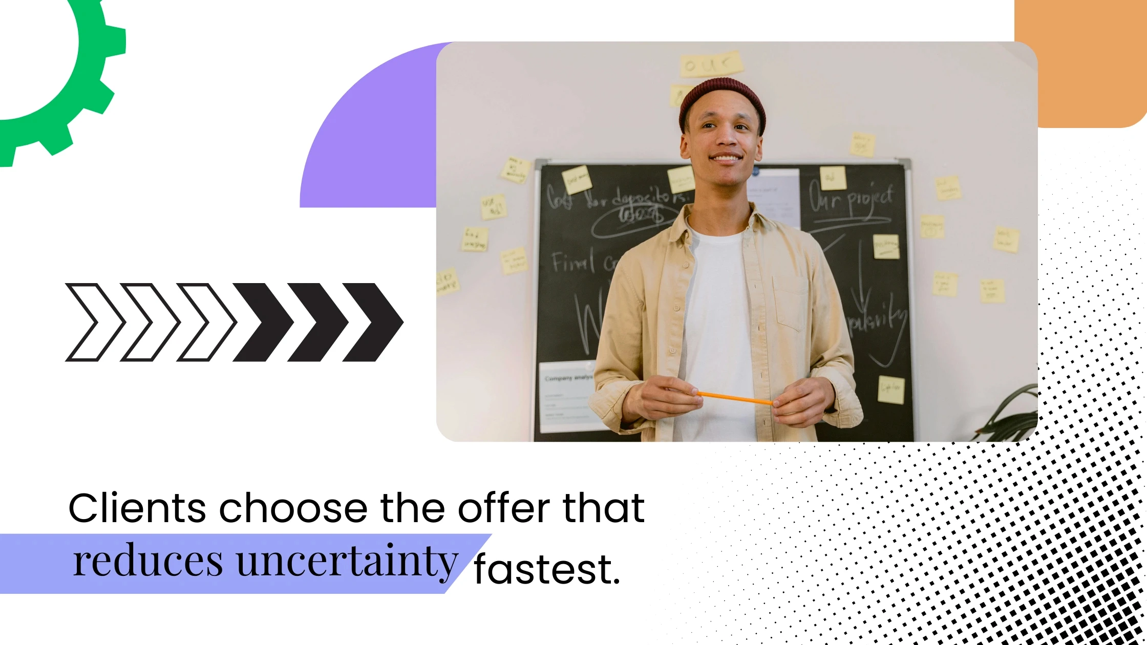 Coach standing and presenting in front of a board, paired with text about clients choosing offers that reduce uncertainty.