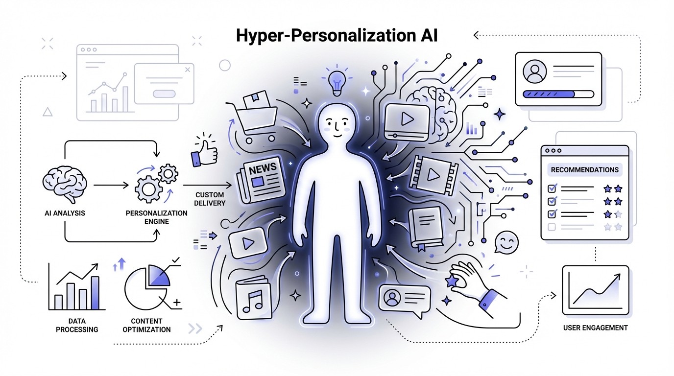 An infographic illustrating Hyper-Personalization AI. A glowing abstract human silhouette is central, surrounded by dynamically shaped digital content like product icons and news feeds, all perfectly tailored to the user. Glowing neural network lines and data streams radiate from behind, signifying AI processing.