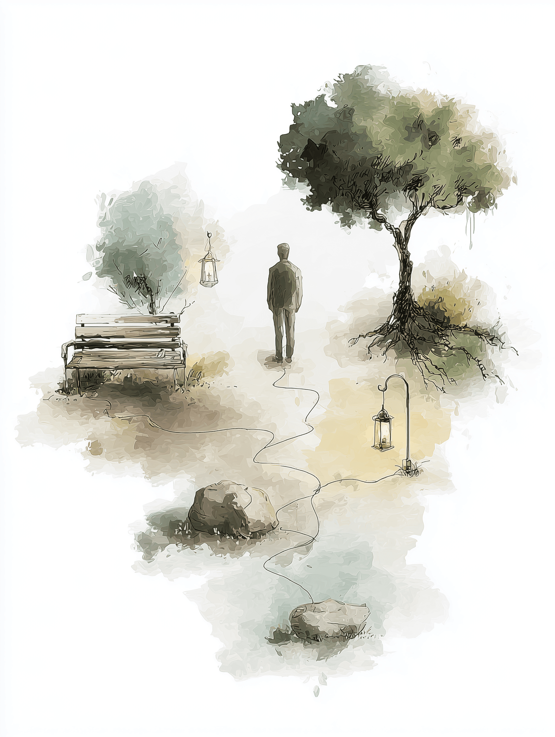 Watercolor illustration of two people sitting closely on a bench with a coffee cup, symbolizing support and connection in psychotherapy at Roots & Reach.
